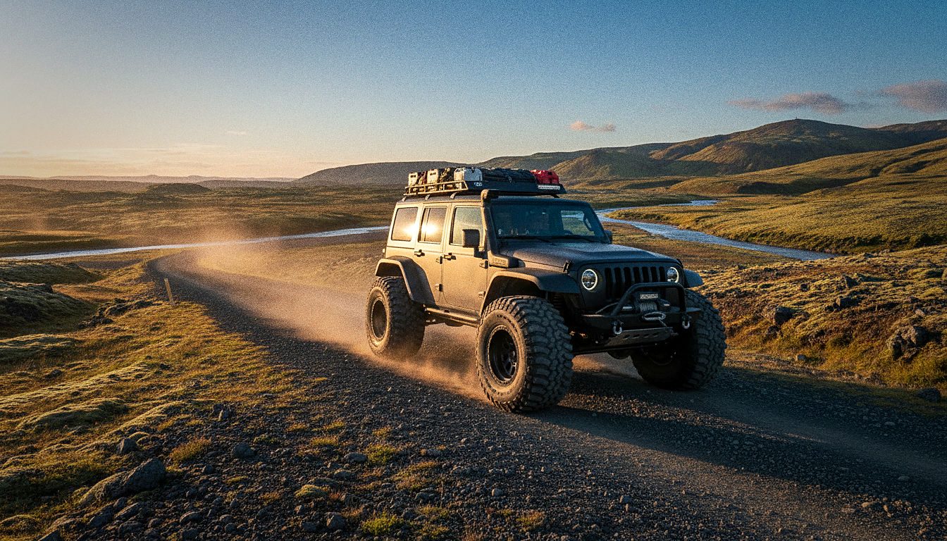 Modified Super Jeep 4x4 vehicle with oversized tires equipped for Iceland's highland F-roads