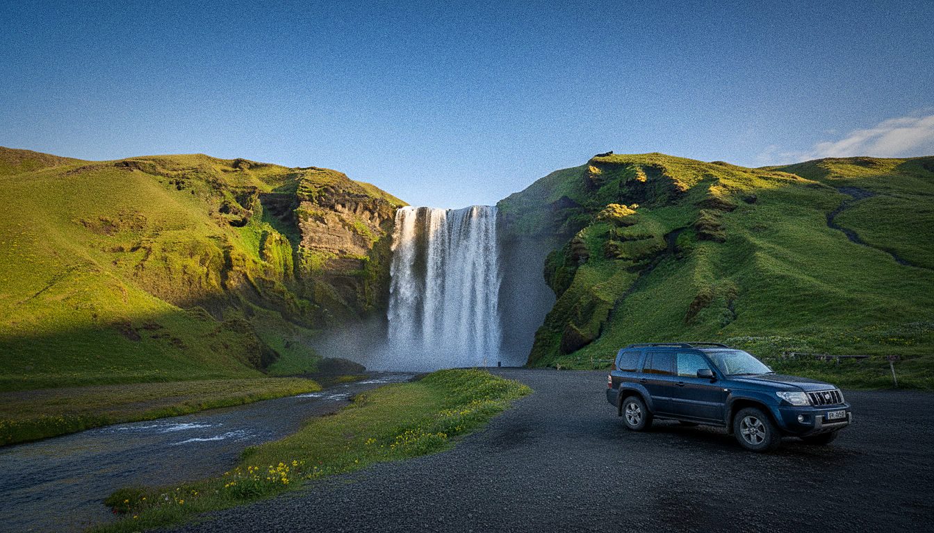 Skógafoss waterfall in southern Iceland with a car parked nearby